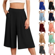 Linen Wide Leg for Women Loose Fit Capri Pants Summer Casual Elastic High Waist Cropped Trousers Solid Color Lounge Capris Pant with Pockets Limited Time Sales of the Day Black L